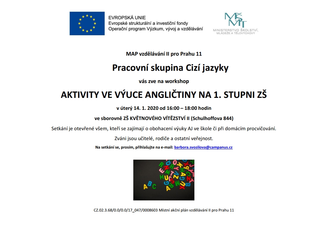 Pozvánka na workshop: AKTIVITY VE VÝUCE ANGLIČTINY NA 1. STUPNI ZŠ, sborovna K2