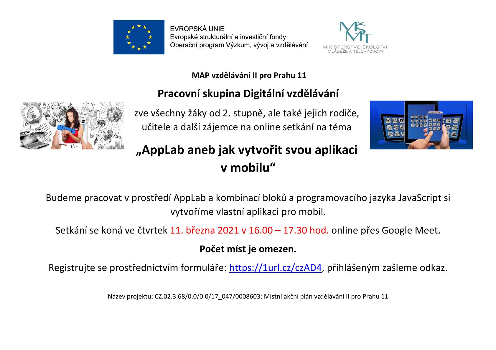 MAP II online 11. 3.: „AppLab aneb jak vytvořit svou aplikaci v mobilu“